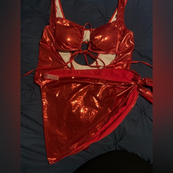 Vibrant Red Metallic One-Piece Swimsuit - Picture 3 of 7